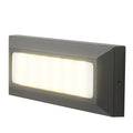 Rectangular surface-mounted step light on white, warm LEDs glowing behind a frosted lens.