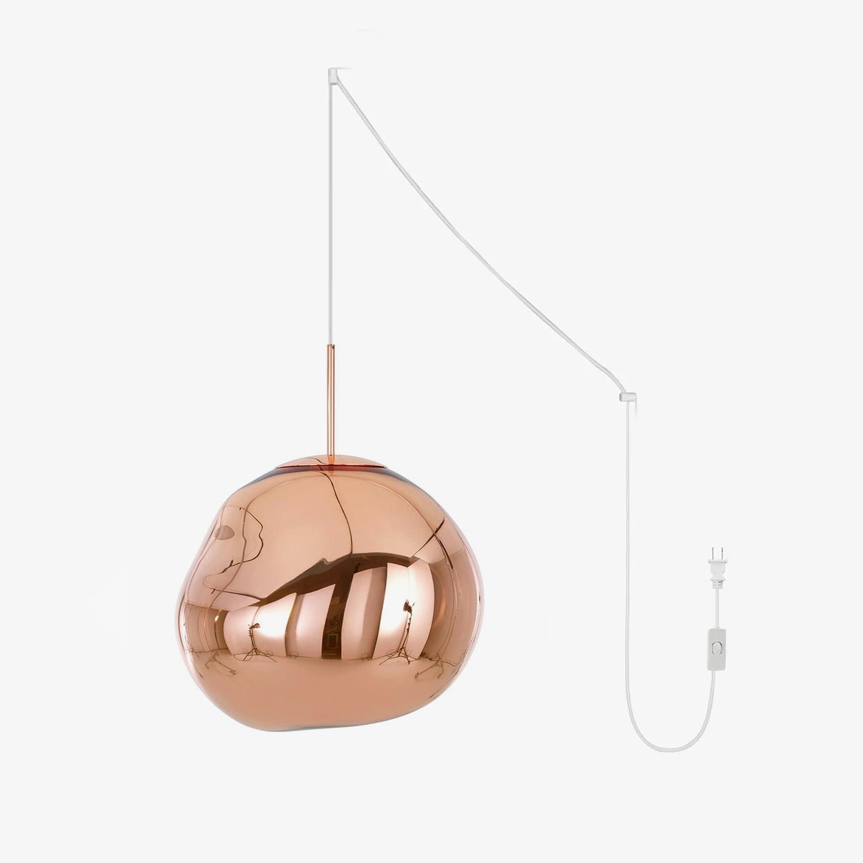 Molten silver pendant light with a glossy mirror-effect shade