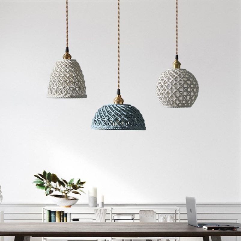 Ceramic Dome Pendant Light, Metal Frame, White or Blue, Kitchen Island Ready