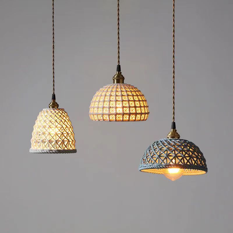 Ceramic Dome Pendant Light, Metal Frame, White or Blue, Kitchen Island Ready