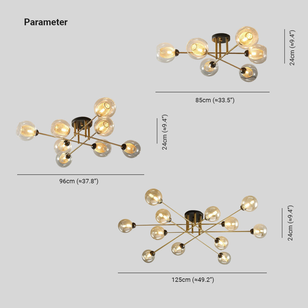 Dimension drawing for the Clérachic sputnik chandelier: spans of 85 cm (33.5″), 96 cm (37.8″) and 125 cm (49.2″), all 24 cm (9.4″) high.