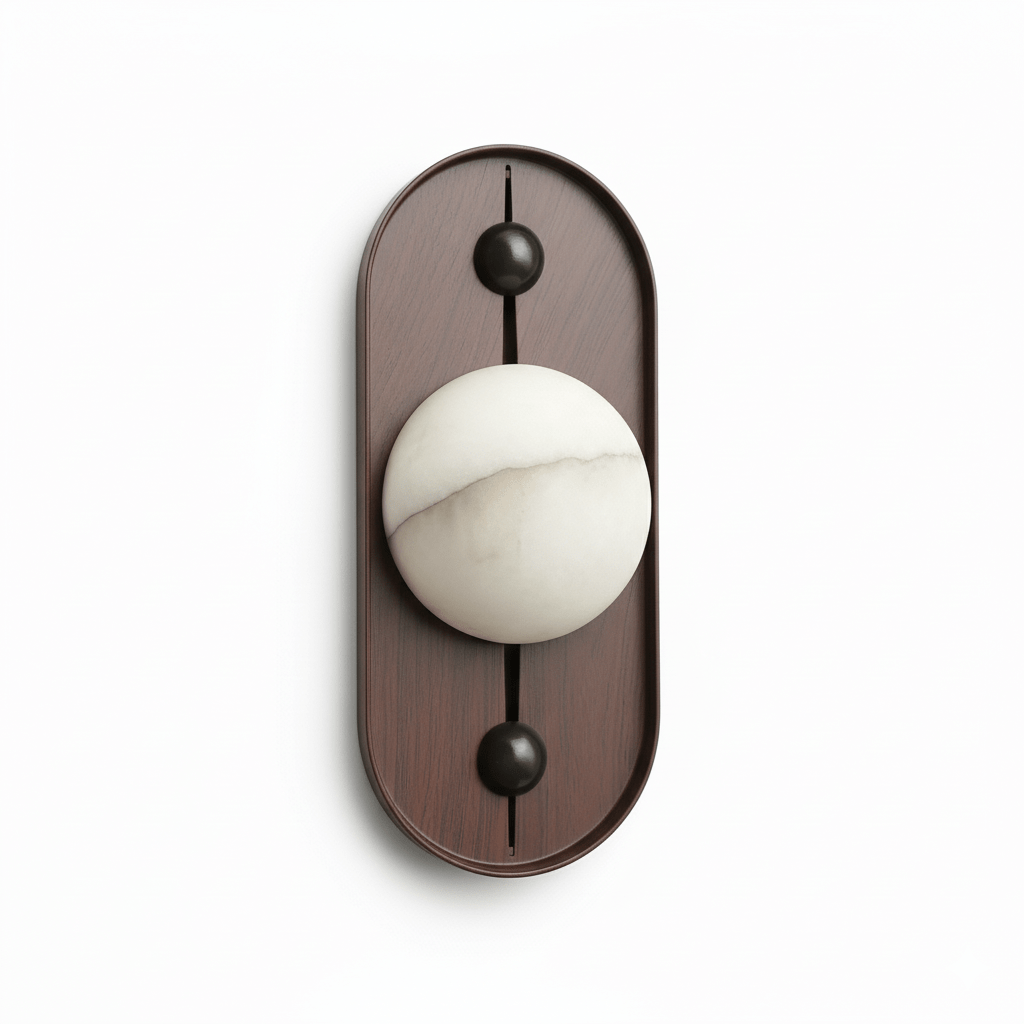 Front view of the oval walnut Koyan wall light unlit, black ball fittings above and below the globe.