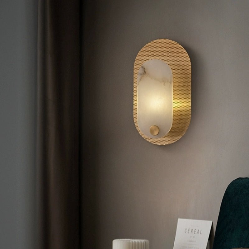 Lit in a bedroom corner beside a floor-length curtain and a dark green chair.