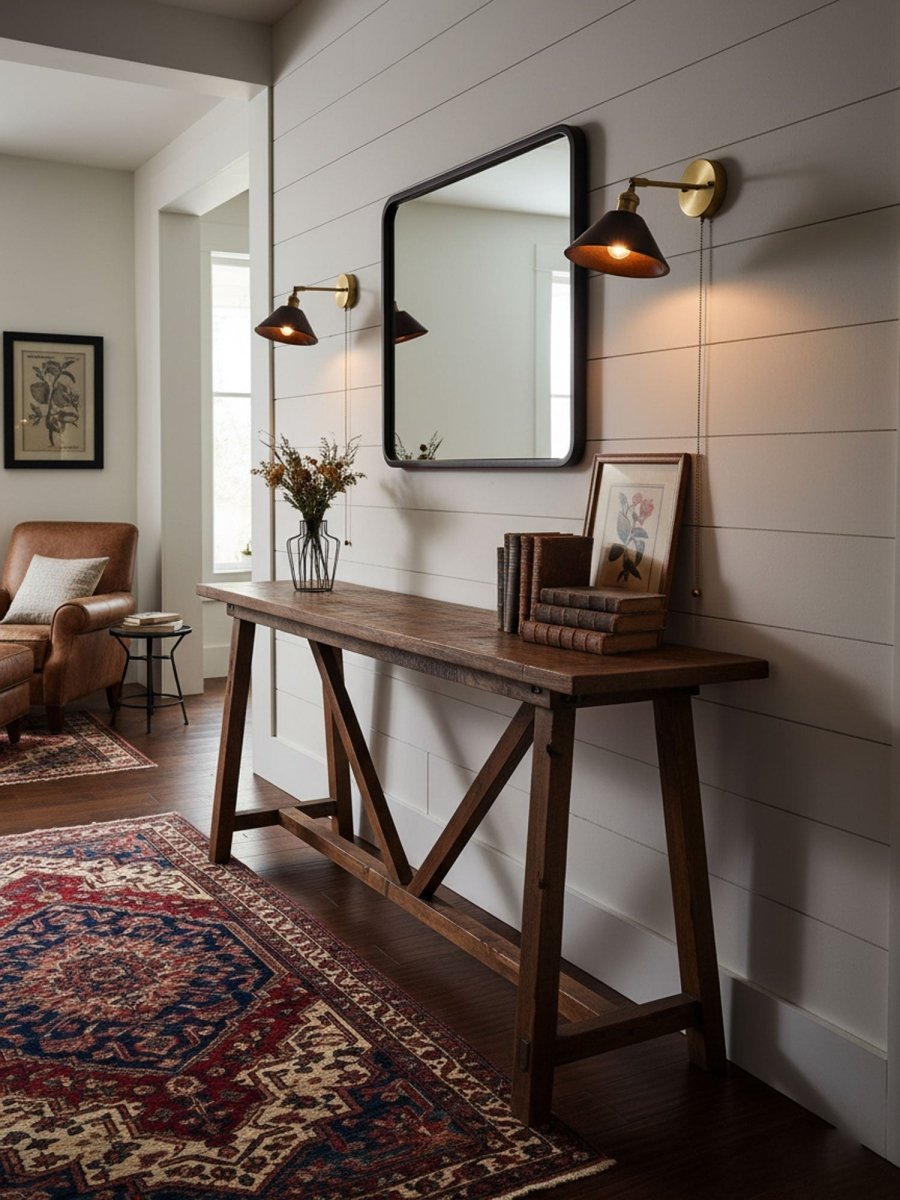 Vintage vegglampe i tre, kuppelskjerm med messingfinish, kjedeopphengt design