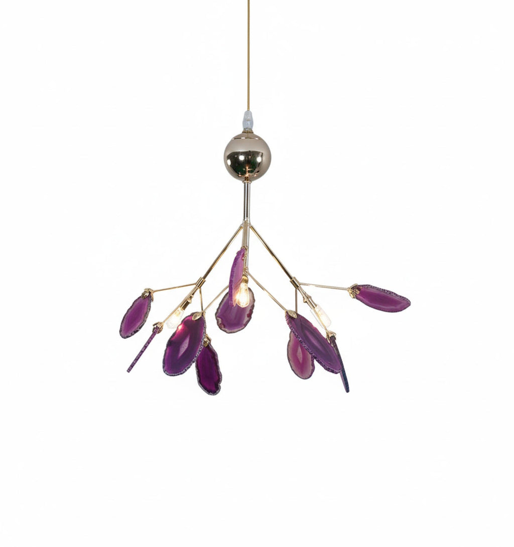 Agate chandelier suspended in a styled interior