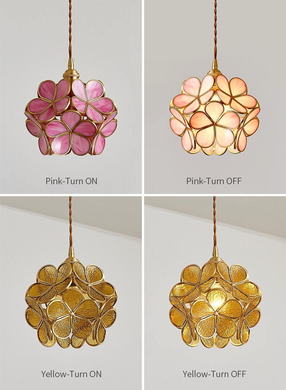 Glass petal pendant lights grouped above a kitchen counter