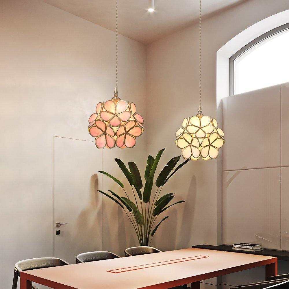 Coloured glass petal pendant lights clustered at varied drops