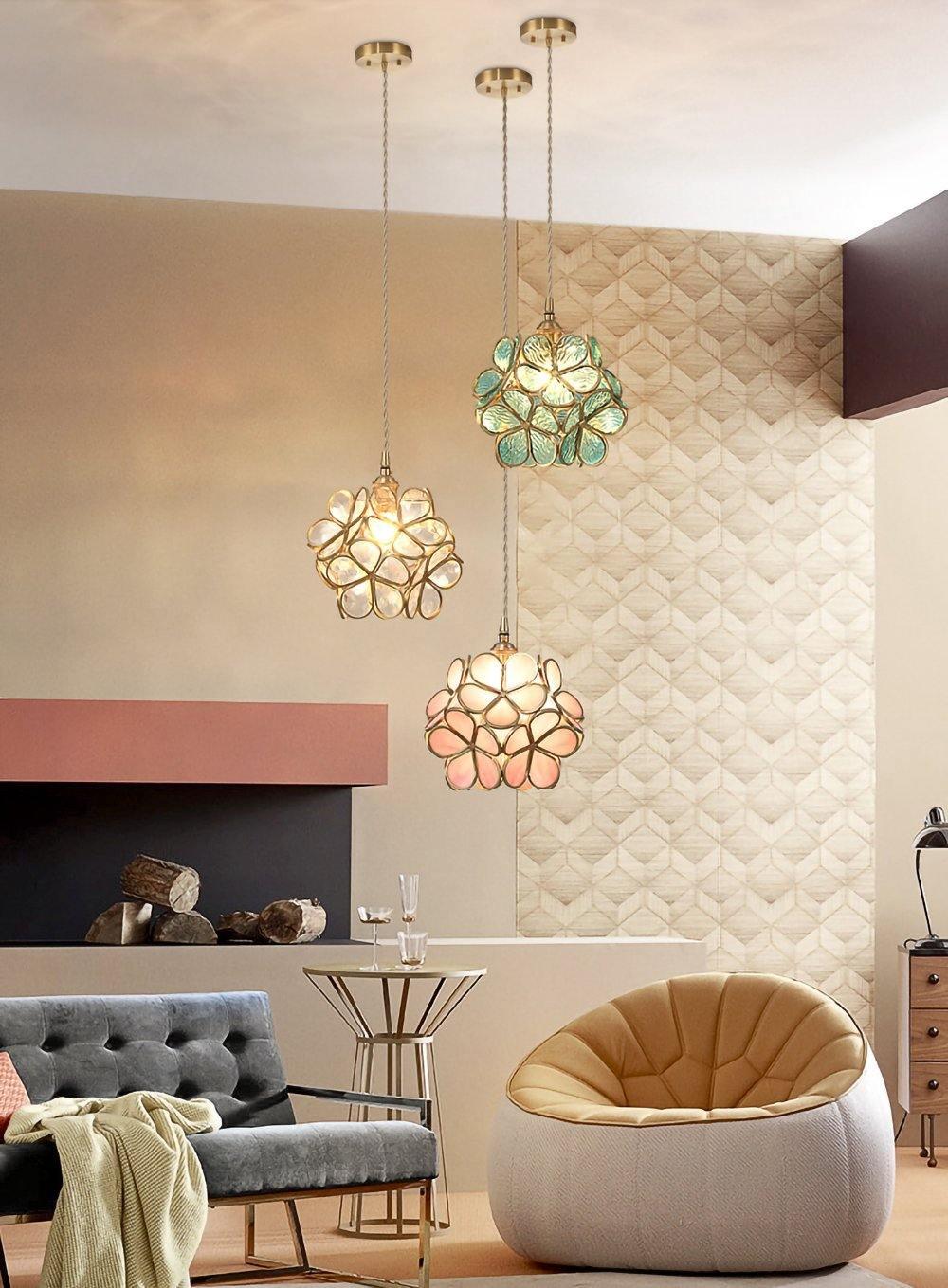 Glass petal pendant light cluster shown in a bright room