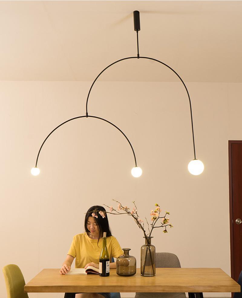 Chandelier, Mobile Opaline Glass Globes, Brass or Black, G9 and G4