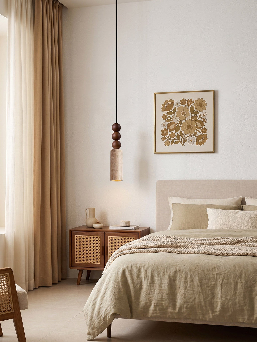 This Clérachic pendant lights a bedroom corner with a cane nightstand, an armchair and a gold floral print on the wall.