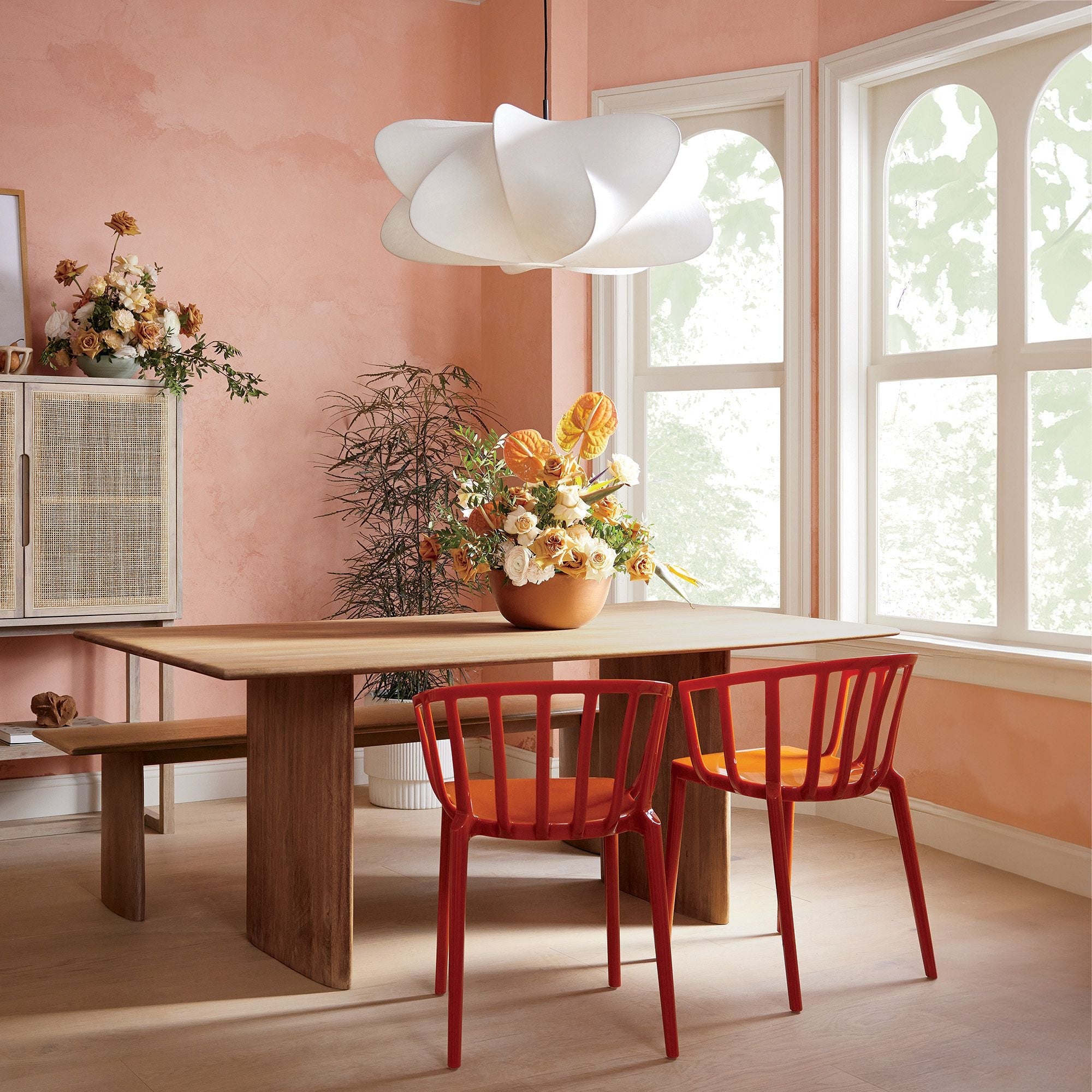 Cloud-like silk pendant light lighting a styled dining space