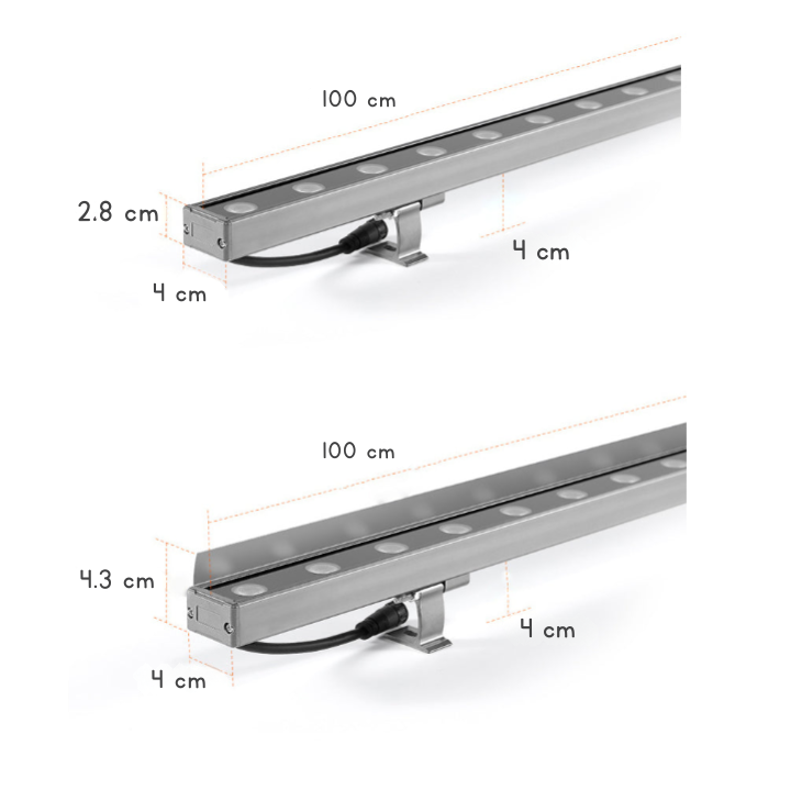 Lineær LED udendørs vægvaske-lys, børstet aluminium og glas