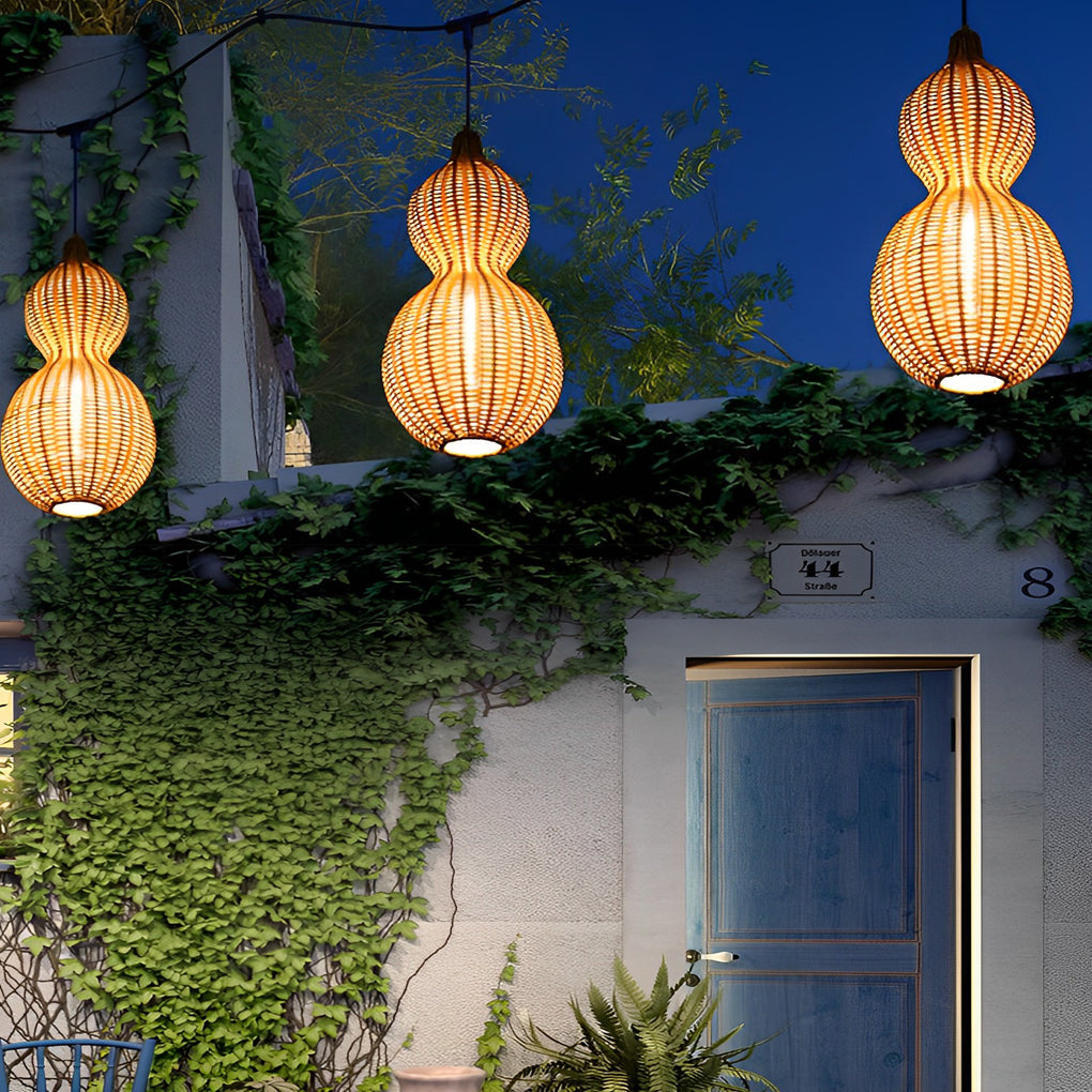 Woven Rattan Pendant Light With Gourd Silhouette, Outdoor Fixture