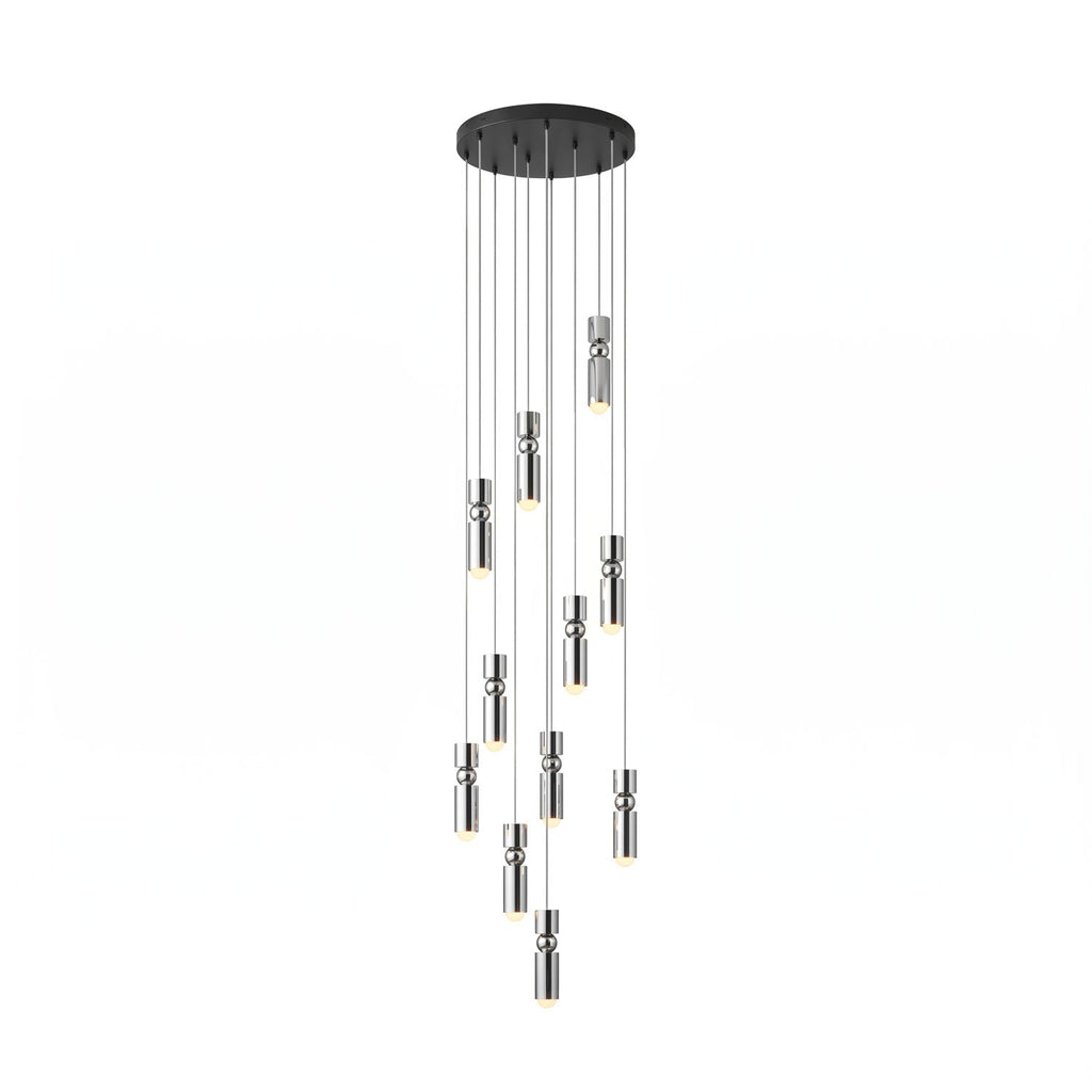 Cylinder cluster pendant light with eleven heads lit warmly