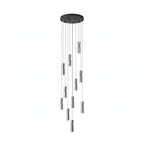 Cylinder cluster pendant light with eleven heads lit warmly