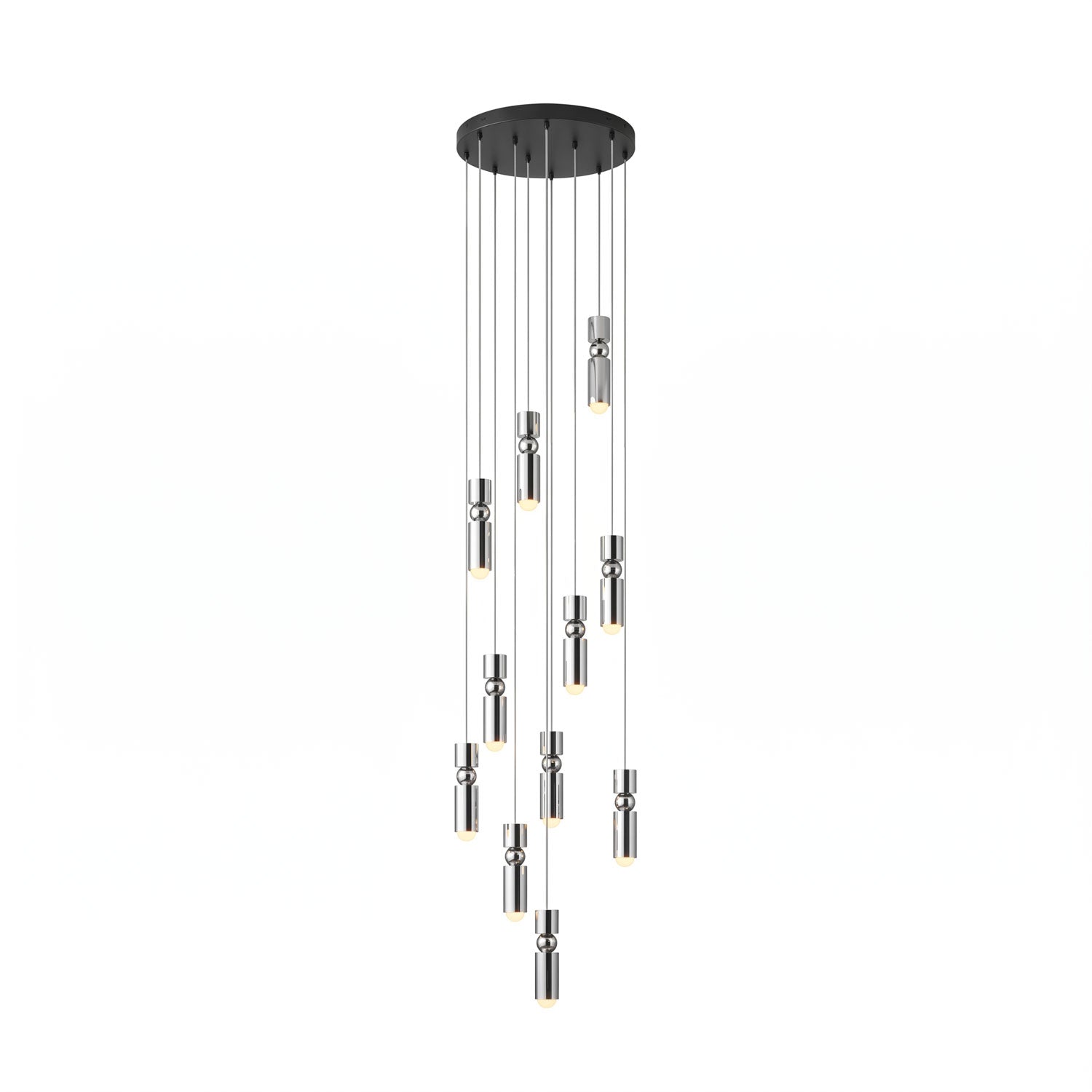Cylinder cluster pendant light with eleven heads lit warmly