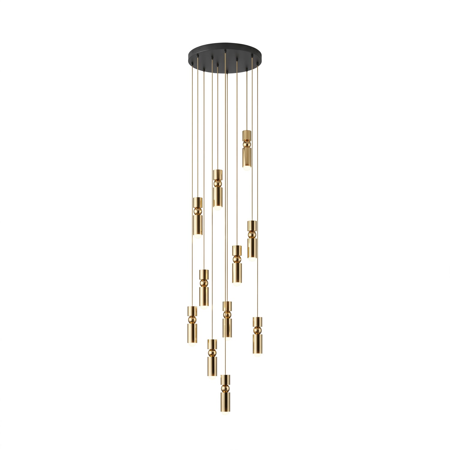 Eleven head geometric pendant light suspended from a ceiling