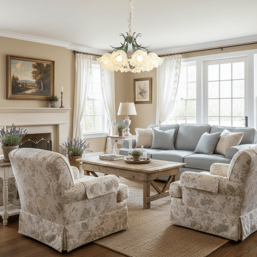 Above a fireplace and floral armchairs, this Clérachic chandelier lights a soft neutral living room.