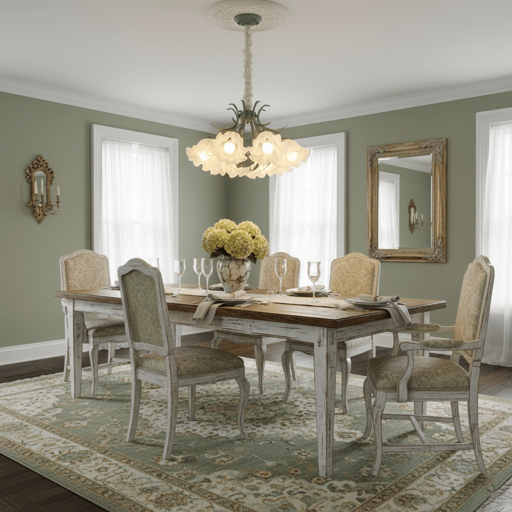 Close beneath the ceiling in a sage-green dining room, this Clérachic chandelier lights a table set for guests.