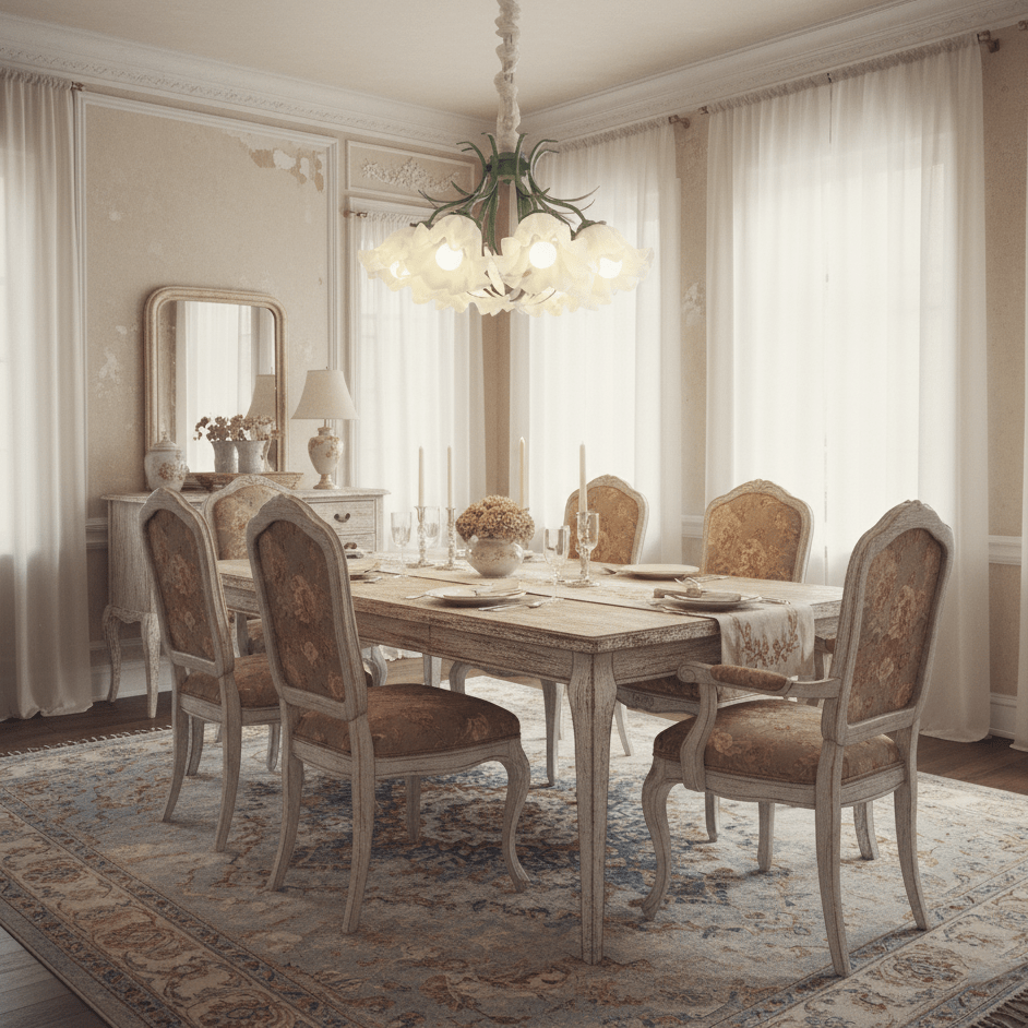 Framed by sheer curtains and a gilt mirror, this Clérachic chandelier lights a formal dining room.