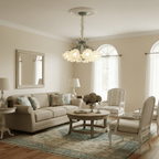 In a beige living room with a curved sofa, this Clérachic chandelier hangs from an ornate ceiling medallion, its shades glowing warm.