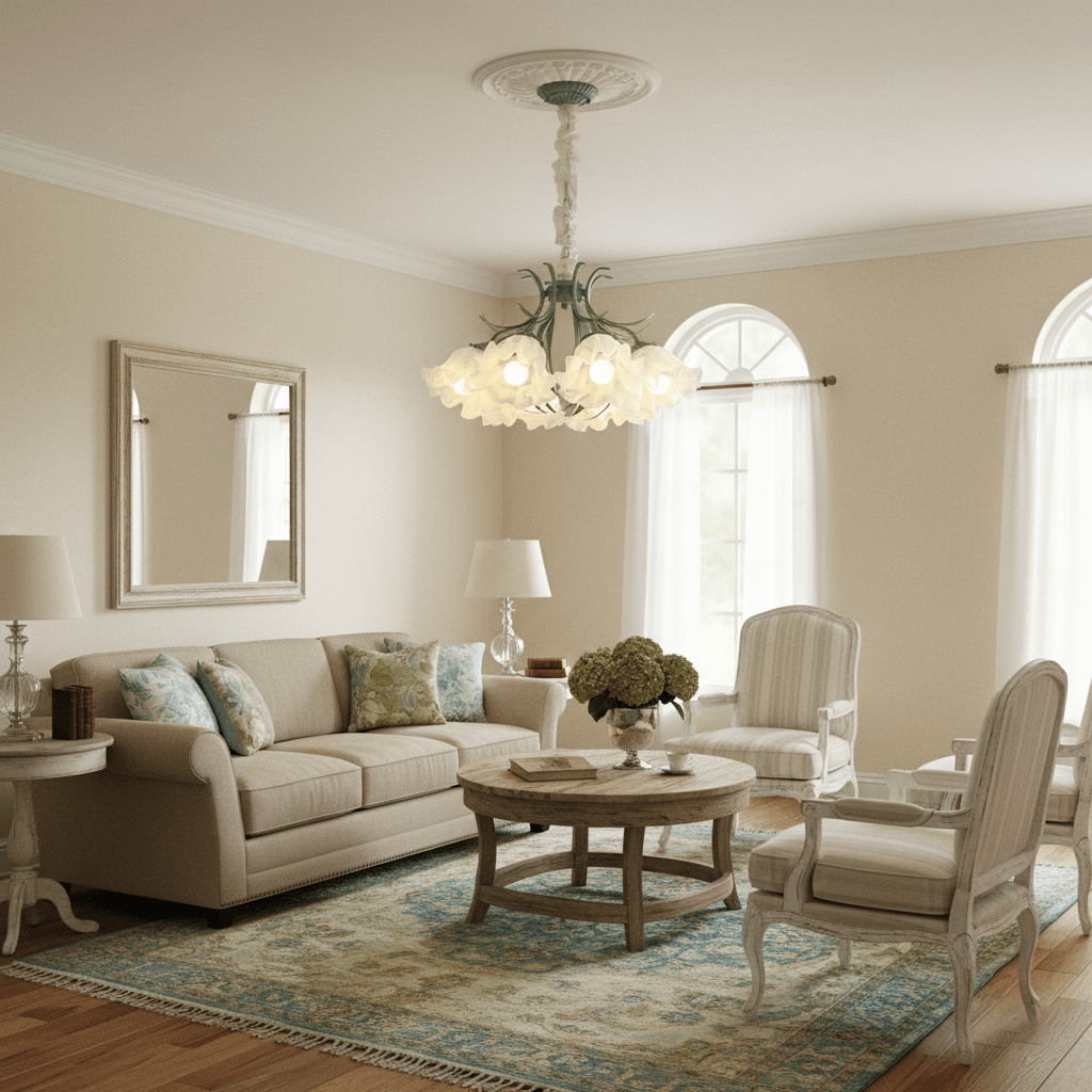 In a beige living room with a curved sofa, this Clérachic chandelier hangs from an ornate ceiling medallion, its shades glowing warm.