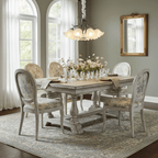 Over a rustic dining table in a sage-green room with arched windows, this Clérachic chandelier lights the space in warm gold.