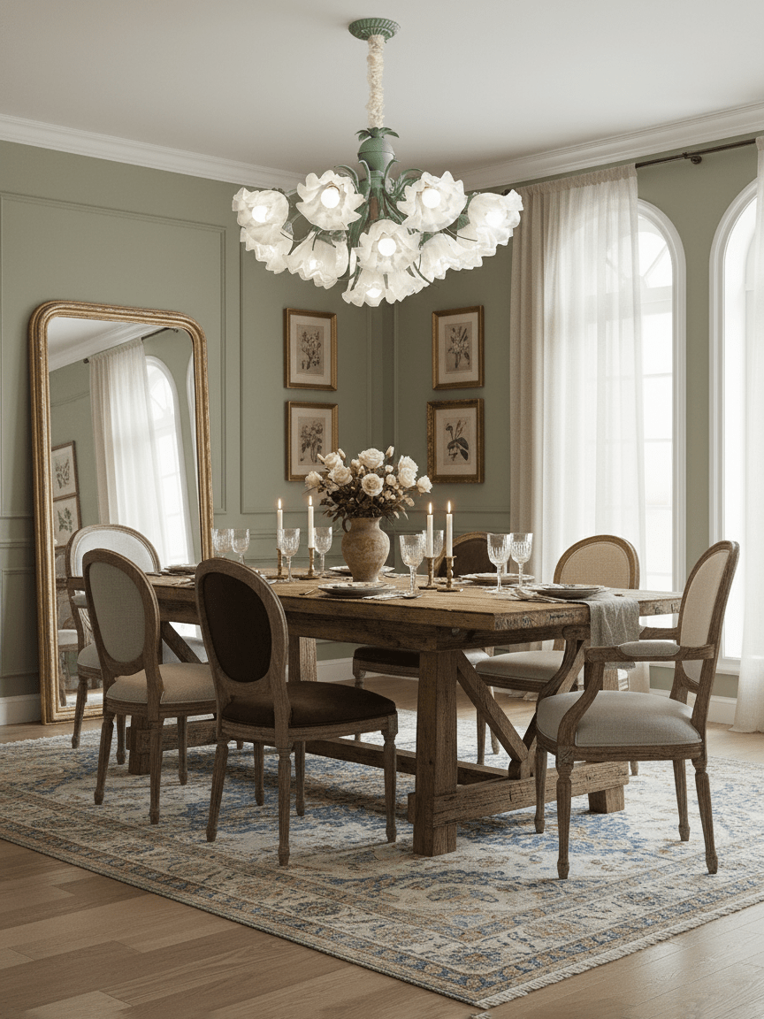 Beside a tall gilt mirror in a sage-green dining room, this Clérachic chandelier glows over a laid table.