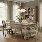 In a dining room with a wooden hutch and sage walls, this Clérachic chandelier hangs lit above a set table.