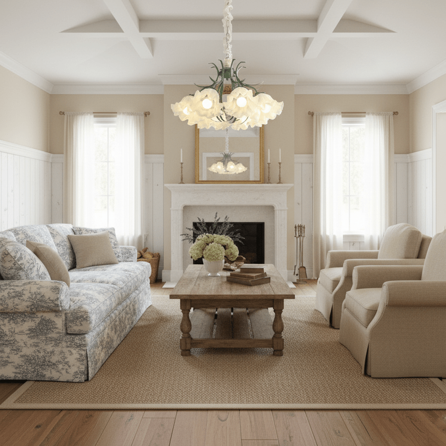 Under a coffered ceiling, this Clérachic chandelier lights a living room with a white mantel and floral sofa.