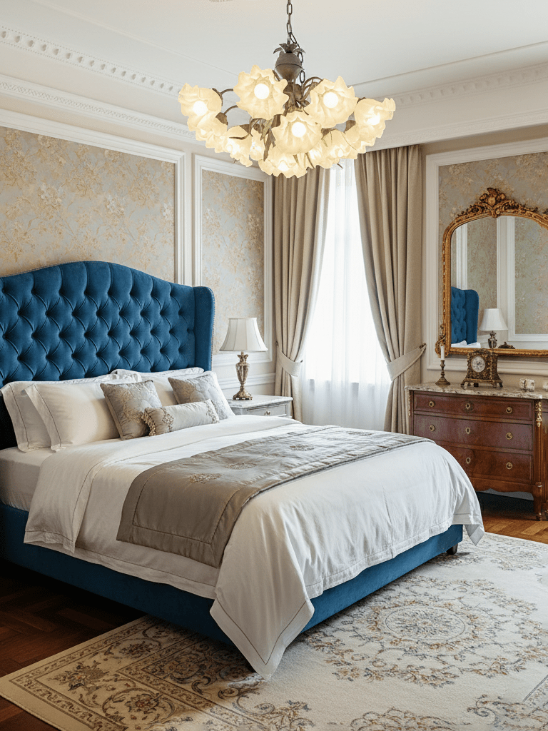 In a bedroom with a navy headboard and gold-patterned walls, this Clérachic chandelier glows above the bed.