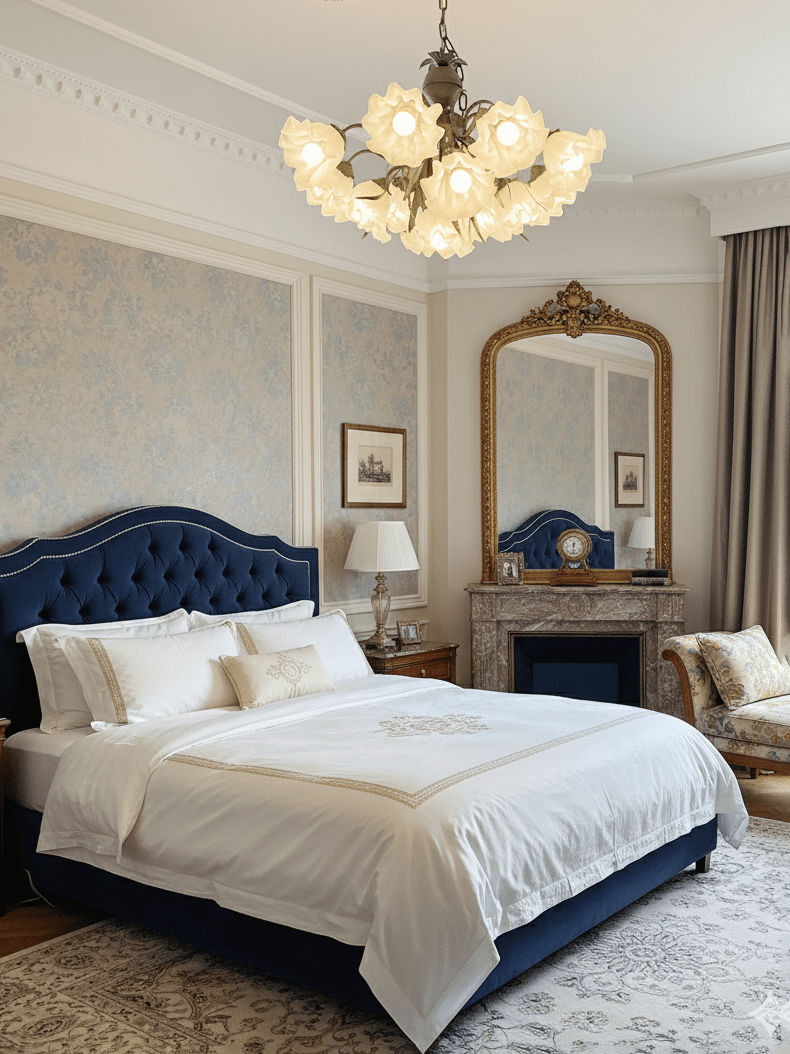 Above a navy tufted bed and an ornate gilt mirror, this Clérachic chandelier casts a warm glow over the bedroom.