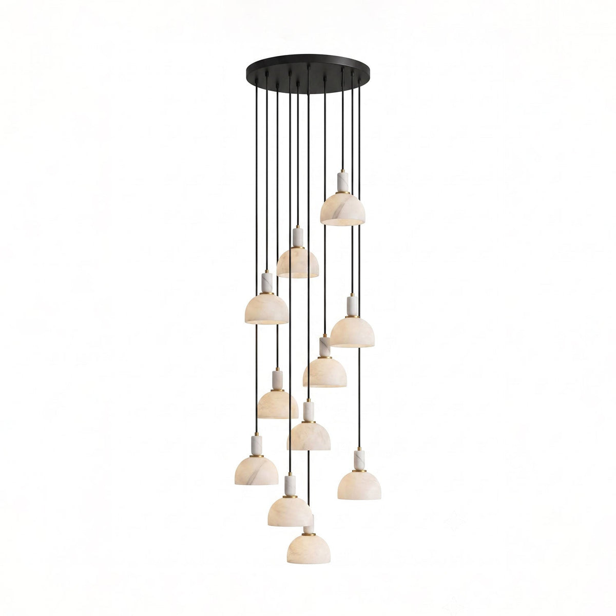 A tall, dense cluster of alabaster domes hangs unlit from a round black plate, cords spiralling down on this Clérachic pendant.