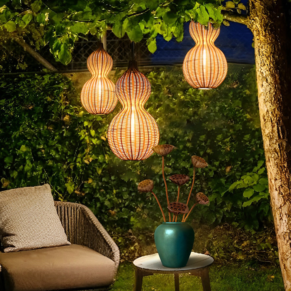 Woven Rattan Pendant Light With Gourd Silhouette, Outdoor Fixture