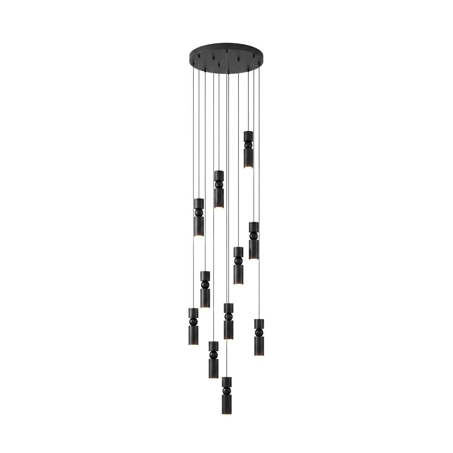 Eleven head pendant light with cylinders in a wide cluster