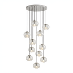 A large dense cascade of clear glass shades drops from a silver ceiling plate, this Clérachic fixture shown on a white background.