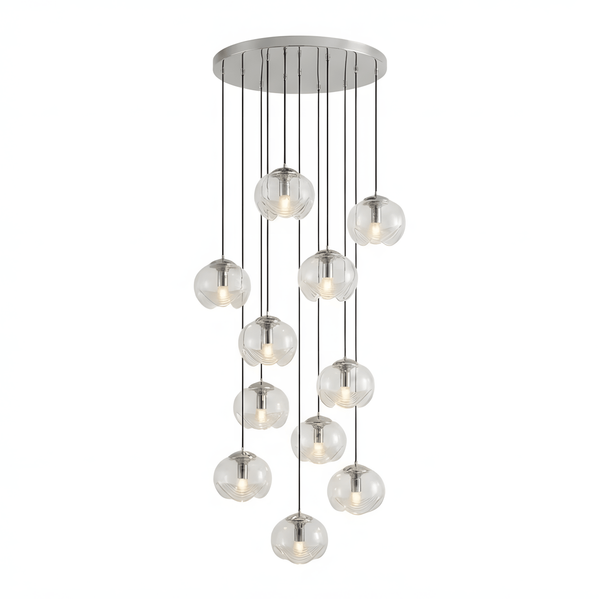A large dense cascade of clear glass shades drops from a silver ceiling plate, this Clérachic fixture shown on a white background.