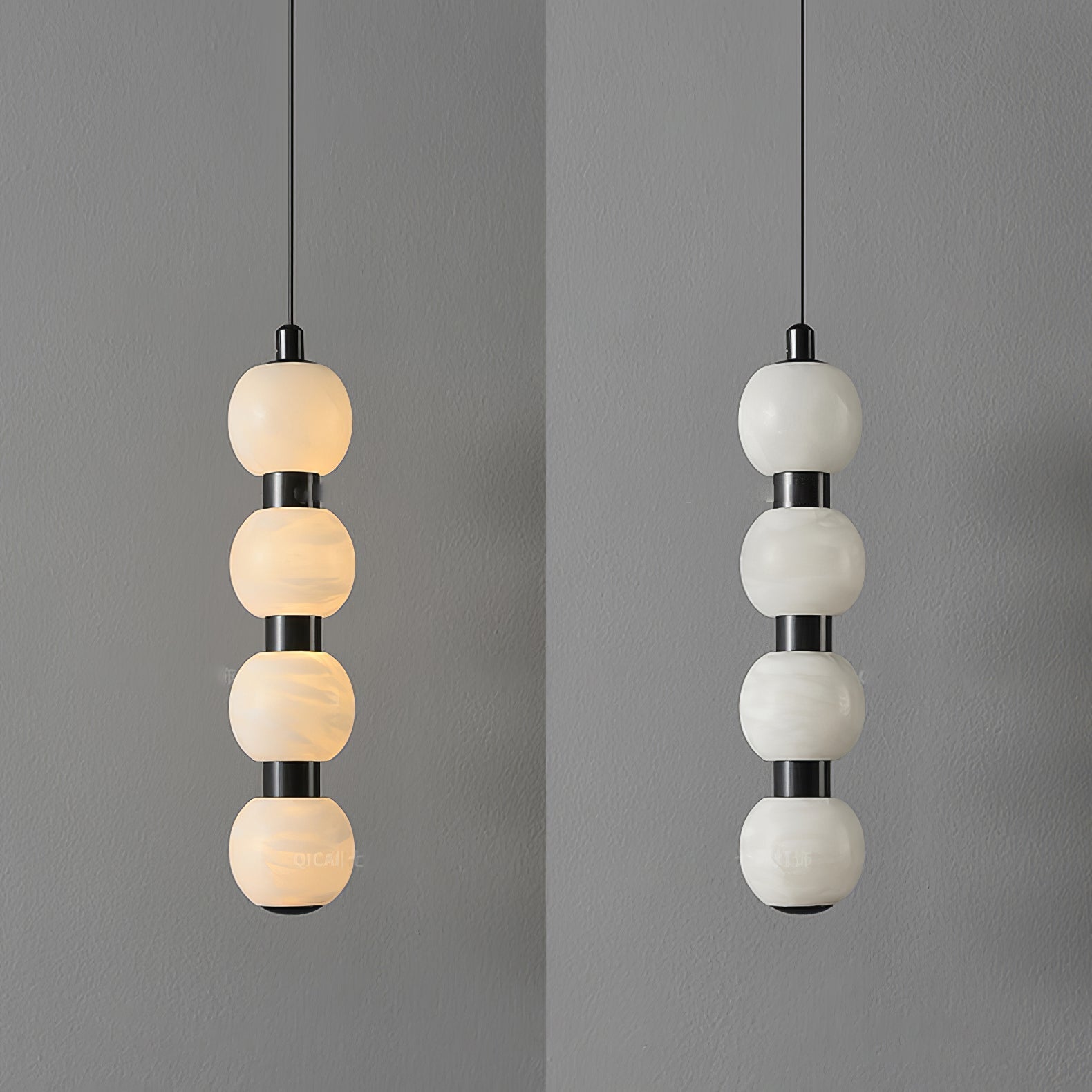 Four-ball Orbique pendant shown lit on the left and switched off on the right for comparison