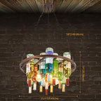 Dimension drawing for the Clérachic wine bottle chandelier, large size: 59 in / 149.86 cm drop, 14 in / 35.56 cm height, 23.5 in / 59.69 cm width.
