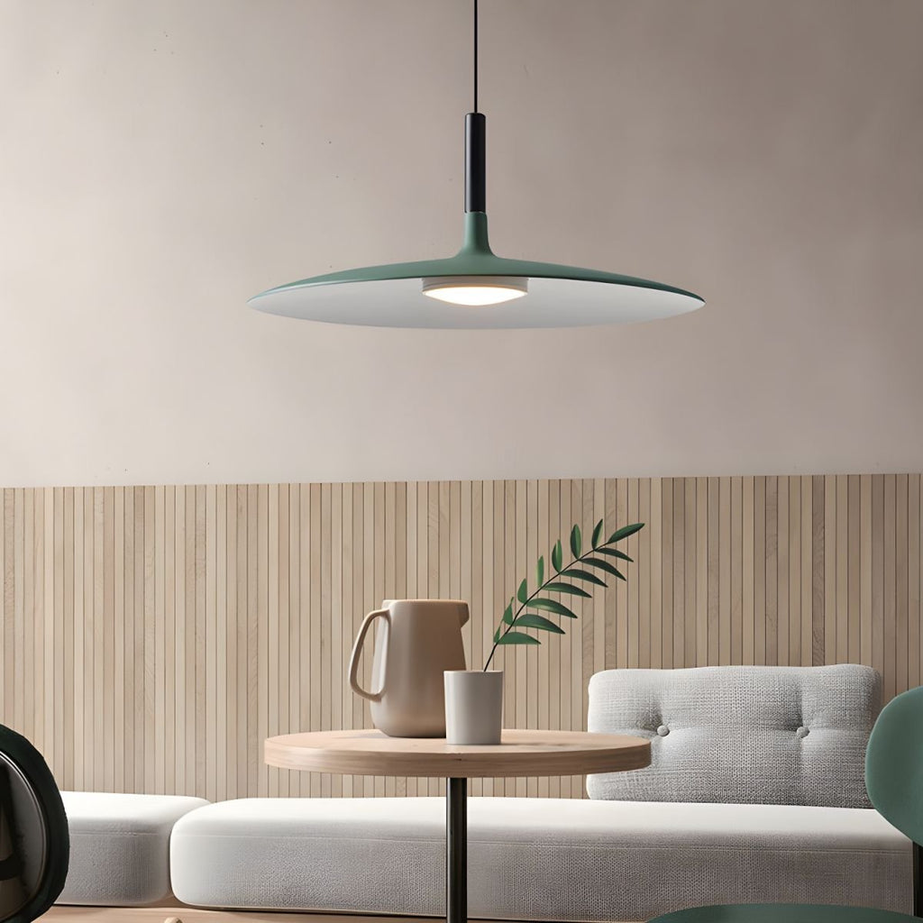 Aluminum pendant light displayed at an angle showing its form