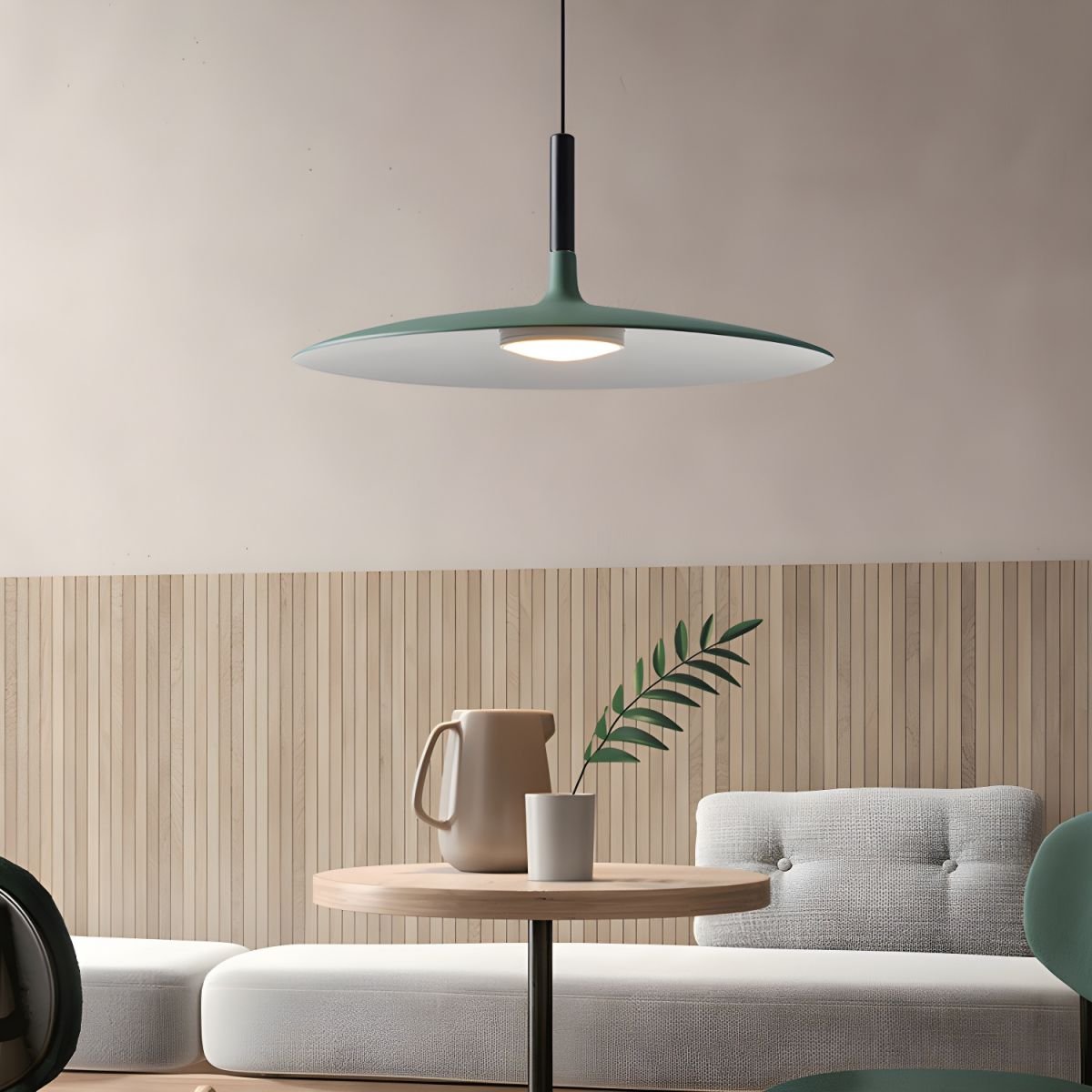 Aluminum pendant light displayed at an angle showing its form
