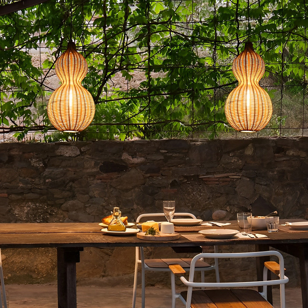 Woven Rattan Pendant Light With Gourd Silhouette, Outdoor Fixture