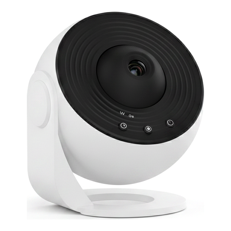 Galaxy star projector tilted to show its rounded body and control buttons
