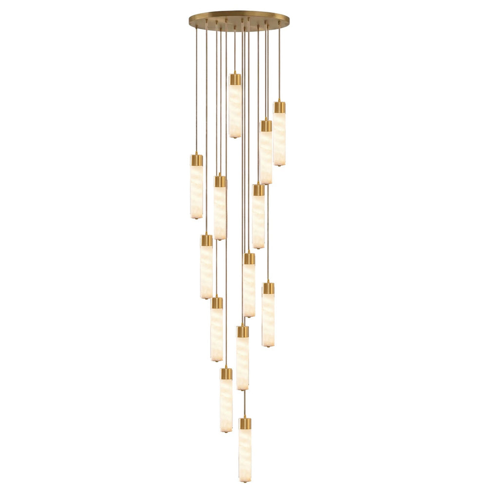 This Clérachic pendant's brass-capped tubes cascade in a long, dense spiral of alabaster against a white background.