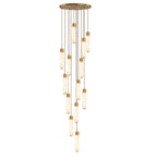 This Clérachic pendant's brass-capped tubes cascade in a long, dense spiral of alabaster against a white background.