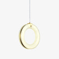 Alabaster ring pendant light lit warm, gold clamp and brass back ring, hanging on a clear cable