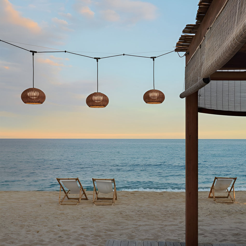 Woven Rattan Wall Lamp For Outdoor Spaces With Lantern-Style Shade