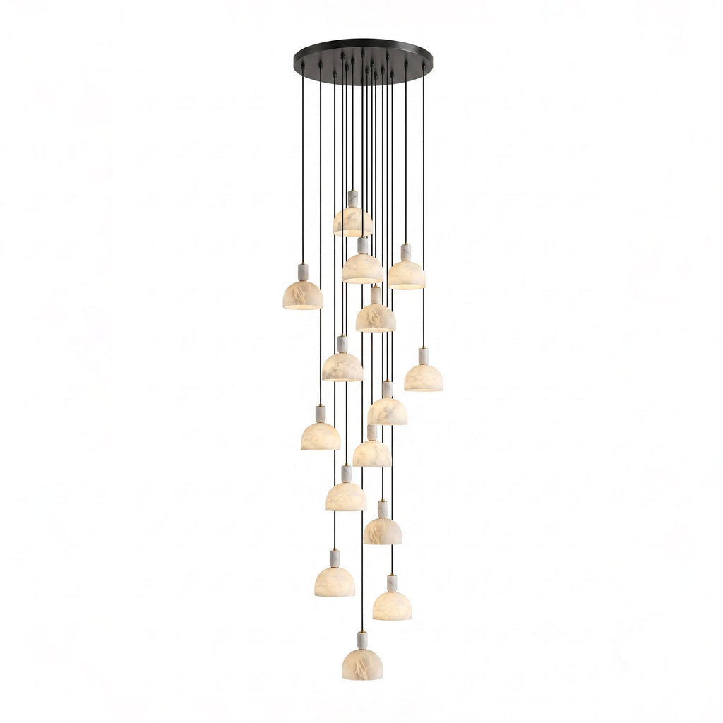 Many alabaster domes cascade from one round black ceiling plate at staggered heights, forming a tall unlit cluster of this Clérachic pendant.