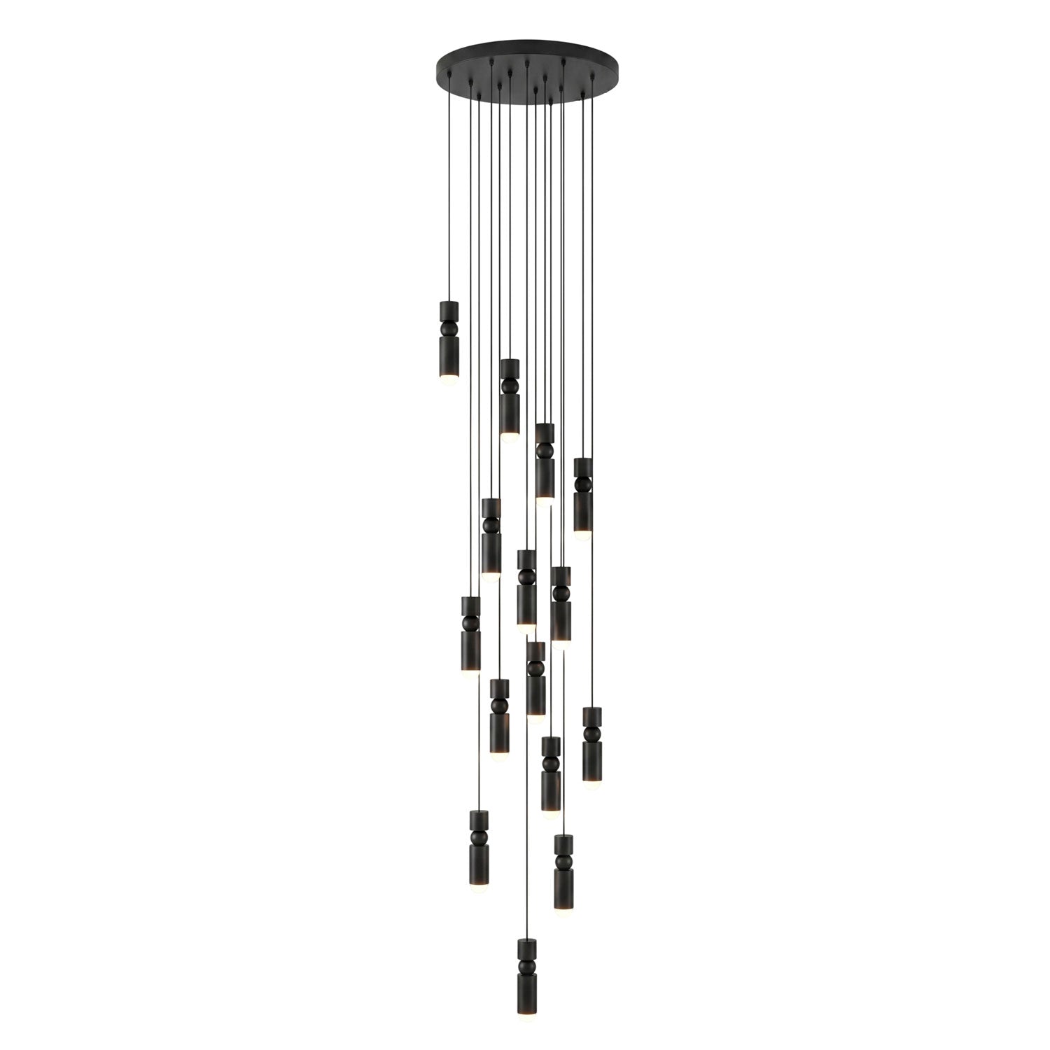 Fifteen head pendant light with cylinders in a large cluster