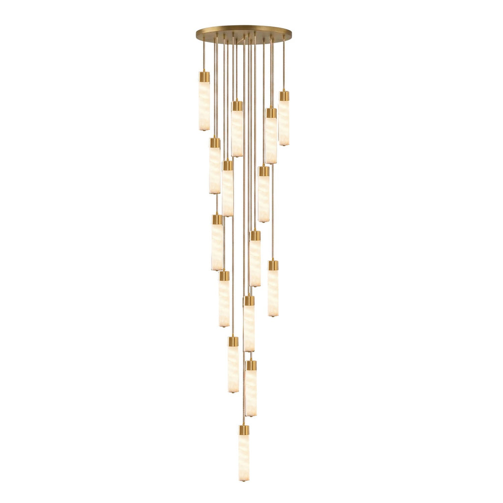 On a white background, a tall cascade of many brass-capped alabaster tubes hangs from this Clérachic pendant.